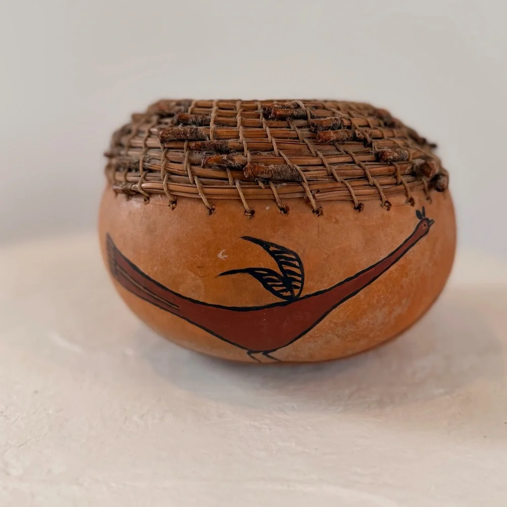 VINTAGE 1988‎ HAND-DECORATED SOUTHWESTERN GOURD BASKET WOVEN RIM ANAMORPHIC BIRD